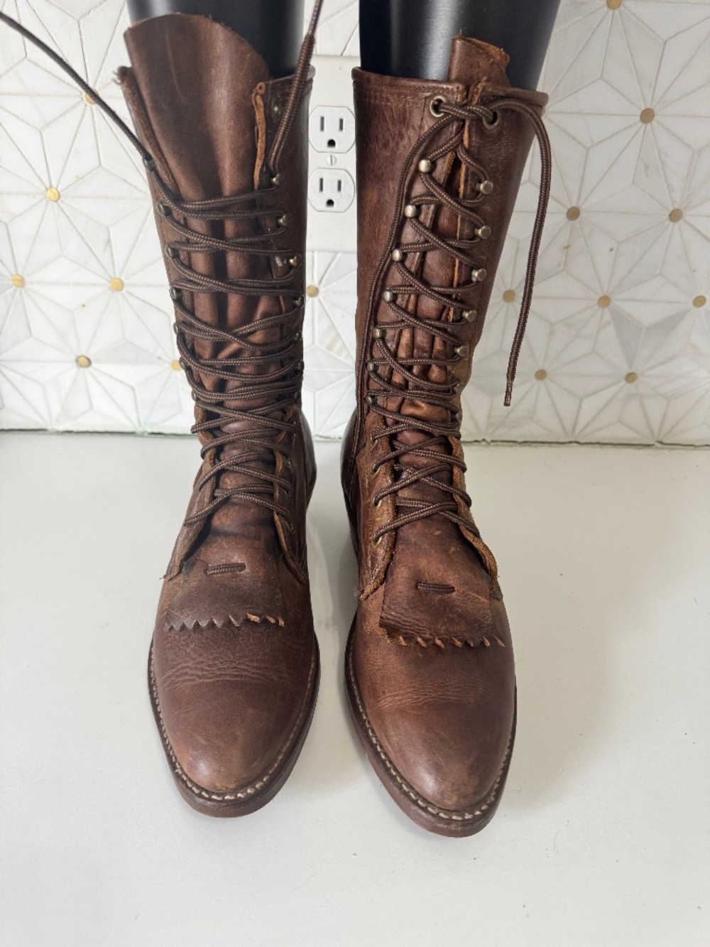 Vintage Golden Retriever Boots Womens 8.5 M Brown Packer Kiltie Distressed Tall